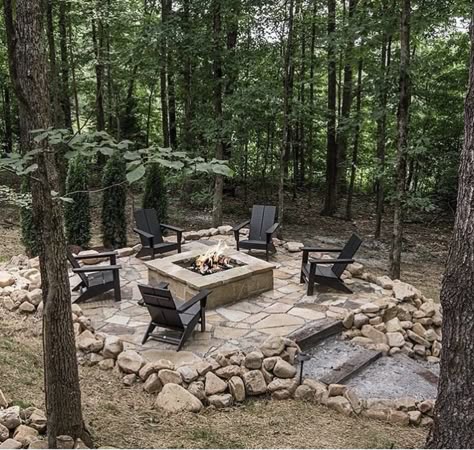 Wooded Landscape Ideas Front Yards, Patio In Woods, Cabin Fire Pit Ideas, House In The Woods Decor, Firepits In The Woods, Woodland Patio Ideas, Cabin Exterior Landscaping, Fire Pit Cabin, Outdoor Wooded Area Ideas