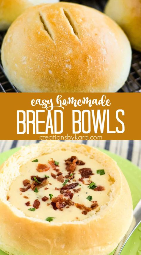 Homemade BREAD BOWLS are easier than you think! You just need 5 basic ingredients to make your soup nights extra special. #homemadebreadbowls #easybreadbowls @Creations by Kara Soup Bowls Bread, Quick Bread Bowl Recipe, How To Make Bread Bowls For Soup, Quick Bread For Soup, Bread Bowl Recipe Soup, How To Make Bread Bowls, Homemade Bread Bowls For Soup, Easy Bread Bowl Recipe, Soup For Bread Bowls