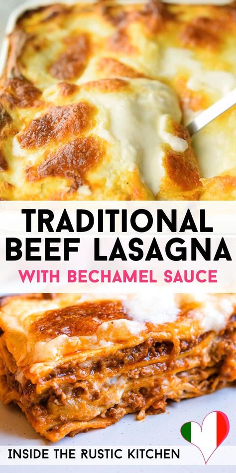 Traditional Italian Lasagna made with a rich beef ragu, lasagna pasta and bechamel sauce. A classic comfort food recipe that the whole family will love. #lasagna #beef #ragu #Italianlasagna #Italianrecipe #Italianfood Lasagna Italian Traditional, Classic Lasagna With Bechamel, Lasagna Bolognese Bechamel, Traditional Italian Lasagna Recipe, Lasagne Sauce Recipe, Italian Classic Recipes, Traditional Italian Lasagna, Bechamel Lasagna Recipe, Lasagne Recipes Beef