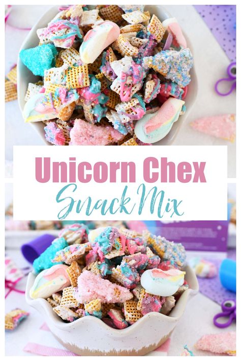 Unicorn Chex Mix Recipes, Unicorn Muddy Buddies, Mermaid Trail Mix Recipe, Birthday Party Snacks For Kids, Unicorn Birthday Party Food, Mlp Birthday, Chex Snack Mix, Sweet Chex, Party Mix Snacks