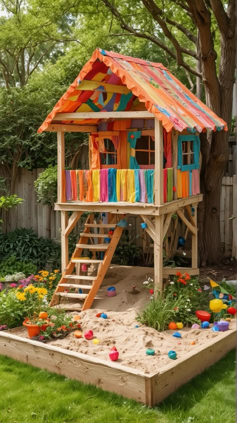 Create a fun and safe play area with these 15 DIY sandbox ideas! From boat-shaped sandboxes to those with built-in seats, find the perfect project for your backyard. Click for step-by-step guides and materials needed. Backyard Magical Garden, Play Garden For Kids Diy Backyard Ideas, Outside Play Area Ideas, Play Houses For Kids Outdoor Diy, Diy Backyard Kids Play Area, Diy Outside Play Area For Kids, Play House Ideas Backyard, Sandbox Makeover, Backyard Sandbox Ideas