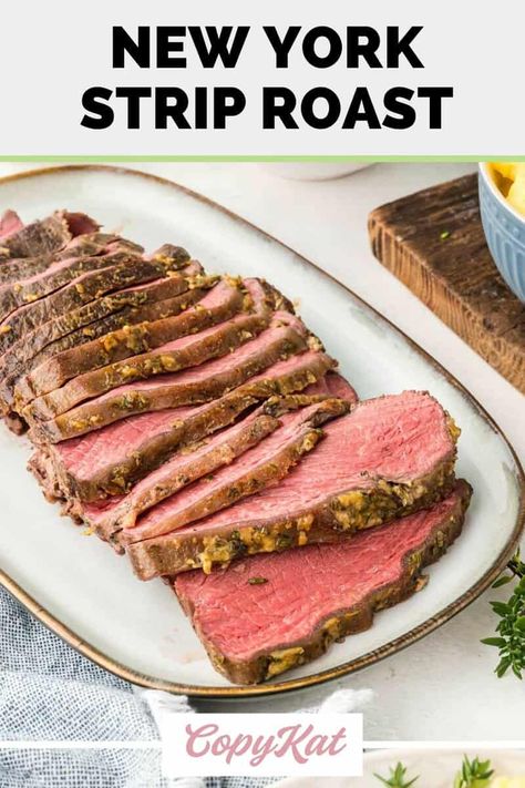 New York Strip Roast with herb crust is an incredible roast beef dinner. Get the easy recipe and learn how to cook the best NY Strip Roast in the oven. This tender, juicy boneless strip loin beef roast is perfect for a family dinner, dinner party, and Christmas holiday meals. A great and less expensive alternative to prime rib. New York Roast Recipe, Ny Strip Roast, Strip Roast Recipe, Strip Loin Roast, Strip Roast, New York Strip Roast, Beef Loin, Roast In The Oven, Roast Beef Dinner