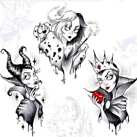 Disney Villains Tattoos Ideas, Dark Disney Tattoos Evil Queens, Disney Villains Drawings Sketches, Goth Disney Tattoo, Cruella Deville Tattoo Ideas, Disney Villains Sketches, Cruella Deville Tattoo, Dark Disney Drawings, Villian Tattoo Ideas