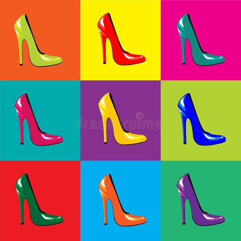 Shoes. An illustraion of bright, high-heel shoes on colourful tiled background. Pop-art style. Seamless. Also available as a vector in my portfolio stock illustration Pop Art Images, Beauty Posters, Pop Art Print, Pop Art Painting, Colorful Shoes, Shoe Art, Fashion Poster, Andy Warhol, Wood Print