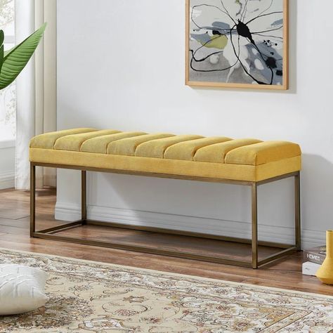 Everly Quinn Georgenia 100% Polyester Upholstered Bench & Reviews | Wayfair Yellow Bench, Bench For Living Room, Yellow Furniture, Fabric Bench, Room And Board, Daybed Sofa, Accent Throw Pillows, Linen Upholstery, Outdoor Dining Furniture