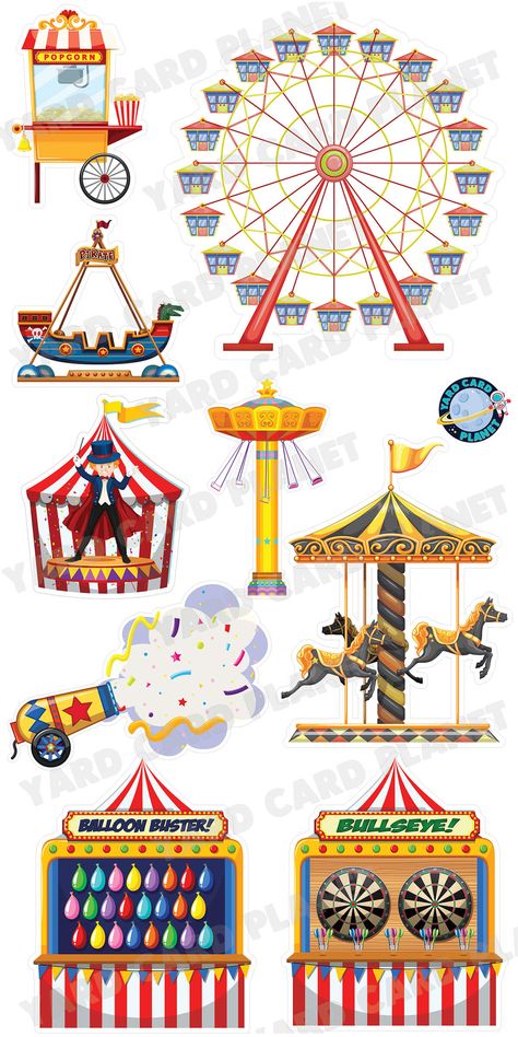 Carnival and Circus Fun Yard Card Flair Set Carnival Doodles, Fair Signage, Carnival Theme Decor, Carnival Drawing, Circus Cannon, Carnival Elements, Circus Games, Pirate Ship Ride, Carnival Images