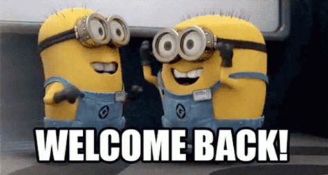 Welcome Back Awesome GIF - WelcomeBack Awesome Minions - Discover & Share GIFs Welcome Back Pictures, Welcome Back Meme, Minions Animation, Minion Gif, Welcome Gif, Girl Memes, Anatomy Poses, Advice Quotes, Work Humor