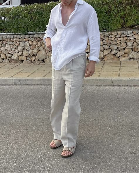 Mens Lenin Pants, Beige Summer Outfit Men, Lenin Pants Outfit Men, Lenin Shirt Men, White Linen Shirt Men Outfit, White Linen Pants Outfit Men, Men Outfit Linen, Lenin Outfits, Linen Pants Outfit Men