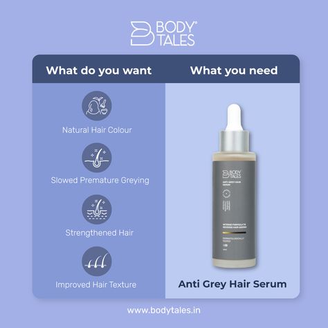 An Anti Grey Hair Serum offers multiple benefits for those looking to reverse the signs of greying hair and promote a more youthful appearance. With consistent use, Anti Grey Hair Serum can be a valuable addition to your haircare routine, keeping your locks looking youthful and vibrant. Buy yours today! 👉 www.bodytales.in . . . #haircarereminder #haircare #hairhacks #haircareserum #hairserum #hairageing #whatyouneed #whatyouwant #hairlove #haircarejourney #greyhair #darkhair #reducegreyhair... Take Care Of Yourself Quotes, Greying Hair, Anti Gray Hair, Cosmetics Advertising, Grey Hair Don't Care, Hair Test, Haircare Routine, Poster Design Inspiration, Care Hair