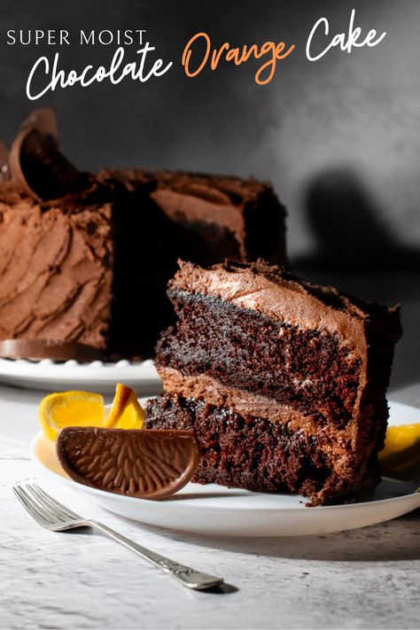 Chocolate orange cake on a white plate with a slice in the foreground. Vegan Chocolate Orange Cake, Terry's Chocolate Orange Cake, Italian Orange Cake, Chocolate Orange Cake, Recipes With Oranges, Orange Chocolate Cake Recipe, Sultana Cake, Chocolate Chiffon Cake, Orange Buttercream