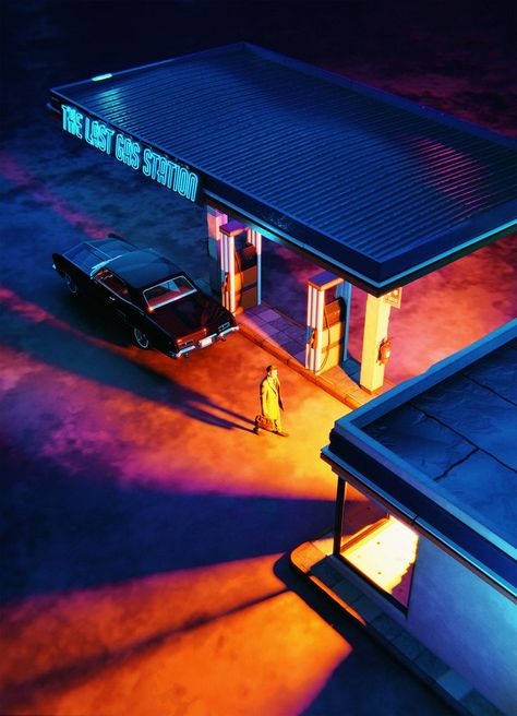 Retro gas station and vintage car in a cinematic scene. Colorful image. Retro Gas Station, Cinematic Scene, Neon Gas, Trans Art, Cafe Concept, Blue Lighting, Scene Art, Neon Lights, Environmental Art