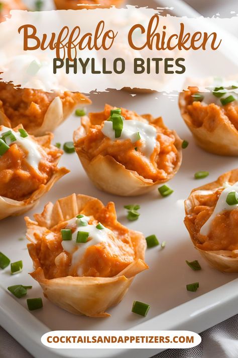 For easy party appetizers, these Buffalo Chicken Bites are perfect. Spicy shredded chicken bites in phyllo pastry are great to make ahead for game day food, party recipes, football party food. Healthy handheld appetizer recipes. Chicken Phyllo Cups, Buffalo Chicken Wonton Cups, Chicken Phyllo, Party Food Healthy, Buffalo Chicken Cups, Spicy Shredded Chicken, Buffalo Chicken Appetizers, Chicken Cups, Easy Party Appetizers