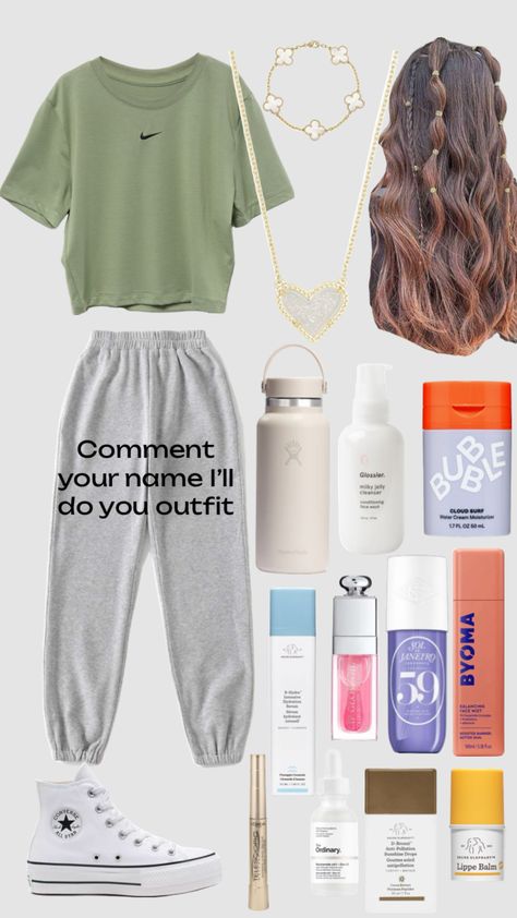 Outfits. Comment you name below!#outfits#backtoschool Name Outfits, Backtoschool Outfits, Milky Jelly Cleanser, Casual Preppy Outfits, Face Mist, Preppy Outfits, Converse All Star, Moisturizer Cream, Everyday Outfits