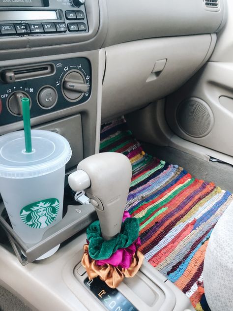 Easy way to decorate your car! Scrunchies, a cute reusable cup (that you’ll actually use, and $3 floor mats from Ollie’s!!! Things To Decorate Your Car With, Cute Stuff To Put In Your Car, Ways To Make Your Car Look Cute, Vsco Car Interior, Cowprint Car Accessories, Car Floor Mats Diy, Car Floor Mats Cute, Aesthetic Car Floor Mats, Vsco Car Decor