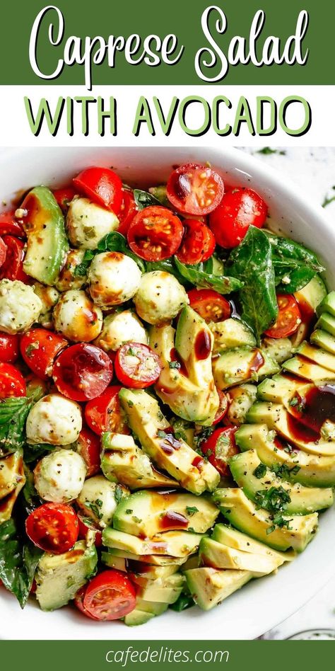 Caprese Salad For Party, Salad Recipes Caprese, Caprese Salad With Chicken, Mozzarella Salad Recipes, Tomato Avocado Salad, Tomato Avocado, Avocado Caprese Salad, Caprese Salad With Pesto, Chicken Avocado Caprese Salad