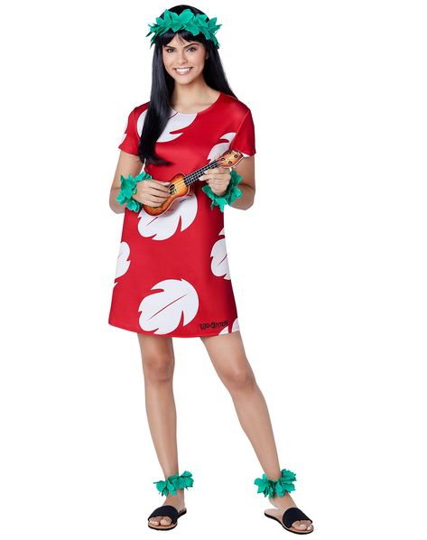 Aloha! This officially licensed Lilo & Stitch costume will make you feel just like the adventurous Lilo! A bright red dress is covered in a white palm print, just like Lilo's signature outfit. Clusters of green leaves adorn a headpiece, wrist cuffs, and ankle cuffs. See you on the beach! Officially licensed Includes: Dress Headpiece Wrist cuffs Ankle cuffs Short sleeves Material: Polyester Care: Hand wash Imported Lilo Stitch Costume, Lilo Costume, Disney Couple Costumes, Lilo And Stitch Costume, Work Appropriate Halloween Costumes, Stitch Costume, Movie Halloween Costumes, Disney Couple, Diy Costumes Women