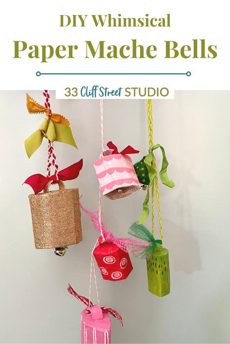 Learn to make these colorful, whimsical paper mache bells using upcycled materials. Great for holiday decor and gifting, easy to customize for any occasion! Diy Paper Mache Ornaments, Easy Paper Mache Projects, Diy Christmas Bells, Paper Mache Christmas Ornaments, Paper Mache Ornaments, Diy Paper Mache, Dreamy Christmas, Paper Mache Christmas, Boho Crafts