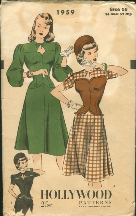 dress pattern 40s casual day plaid green color photo print ad models illustration Vintage Clothes Patterns, Fashion 1940s, 20th Century Fashion, Look Retro, Vintage Dress Patterns, 40s Fashion, Vestidos Vintage, Color Photo, 1940s Fashion