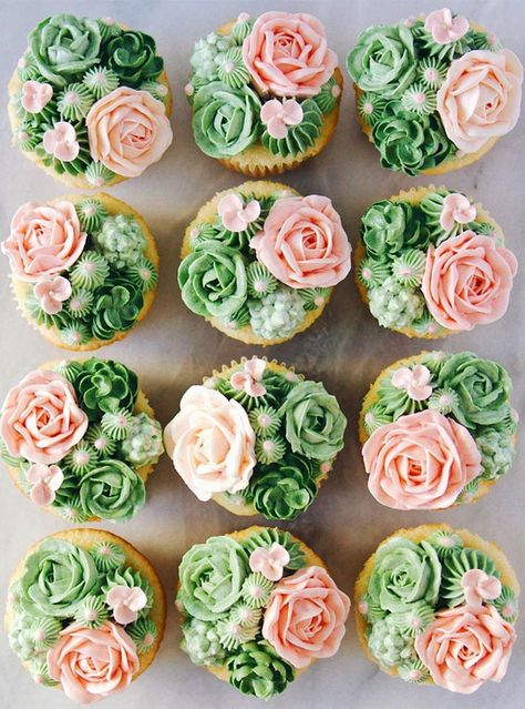 59 Pretty Cupcake Ideas for Wedding and Any Occasion : Succulent cupcakes Pink And Green Cupcake Ideas, Sage Green And Peach Cupcakes, Fantasy Cupcakes Ideas, Sage Green And Pink Cupcakes, Pink And Green Cupcakes, Green Cupcakes Ideas, Cute Cupcake Ideas, Succulent Cupcakes, Elegant Cupcakes