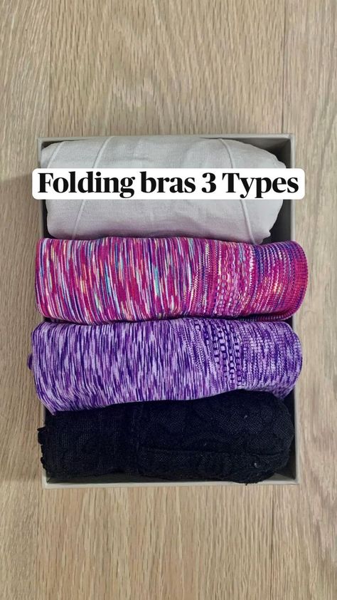 Folding bras 3 Types - closet organization - save storage space | Clothes organization diy, Small closet organization, Closet organization Bra Folding Hacks For Travel, Fold Sports Bras Konmari, Folding Bralettes, Folding Sports Bras To Save Space, How To Fold Bralettes, How To Fold Different Types Of Clothes, How To Fold Tshirts Army, Fold Bra To Save Space, Closet Organization For Sweatshirts