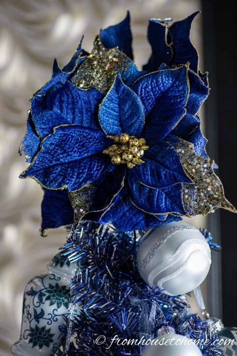 This blue Christmas tree with blue and white Christmas ornaments is gorgeous! Blue and white is one of my favorite Christmas color themes. #fromhousetohome #bluechristmas #blueandwhite #christmasdecoratingideas #christmastree Glam Christmas Decor Ideas, Blue And Gold Christmas, Christmas In Blue, Blue Christmas Tree Decorations, Blue And White Christmas, Glam Christmas Decor, Blue Christmas Ornaments, Christmas Tree Decorating Ideas, Silver Christmas Decorations