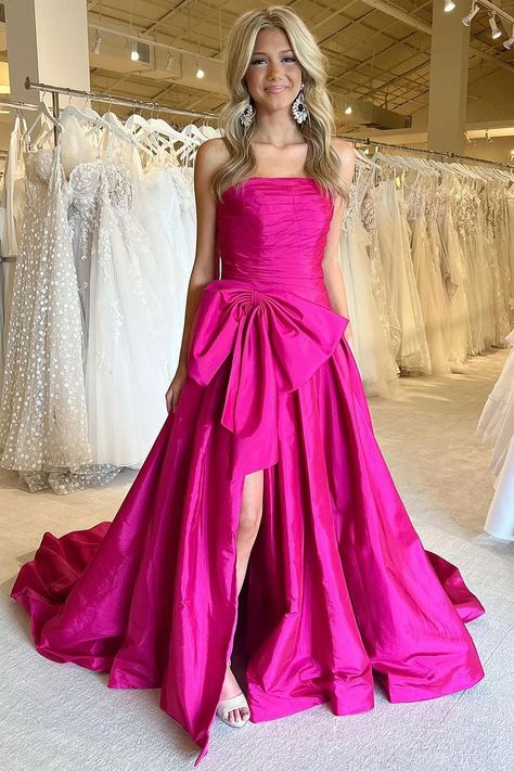 Prom Dress With Bow, Satin Long Prom Dress, Prom Dress With Split, Prom Dress With Train, A Line Prom Dress, Dress With Split, A Line Prom Dresses, Satin Color, Elegant Chic