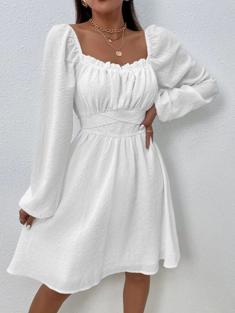 Tweed Frill Trim Knot Back Dress | SHEIN ASIA Tied Dress, High Waist Dress, Ruffle Hem Dress, Puffed Sleeves Dress, Vestido Casual, Evening Gowns Formal, Daily Dress, White Tie, Solid Dress