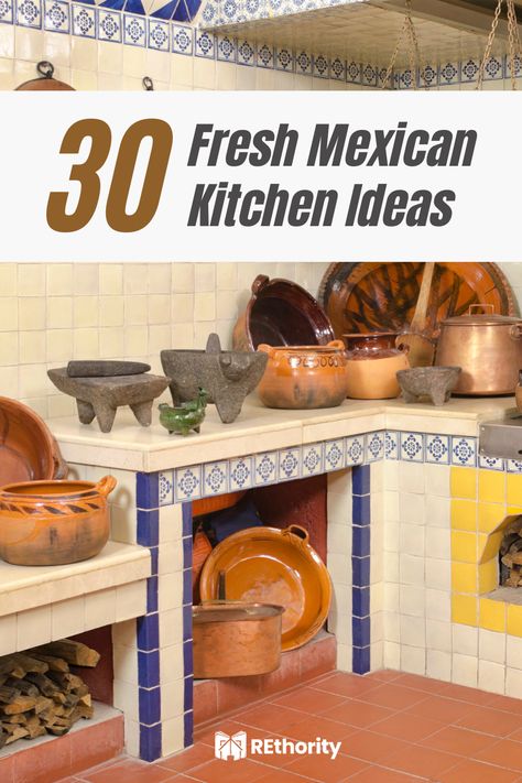 Do you want to bring a touch of Mexican flavor to your kitchen? With these 30 fresh Mexican kitchen ideas, your kitchen can be bursting with authentic Mexican flavors, from classic tortillas to modern margaritas! Whether you're looking for a traditional Mexican meal or a fun twist on a classic, these ideas are sure to please! Mexican Countertops, Talavera Kitchen Mexican Style, Mexican Colors Kitchen, Traditional Mexican Kitchen Design, Mexican Inspired Kitchen Decor, Mexican Restroom Ideas, Mexican Asthetic Homes, Traditional Spanish Kitchen, Mexico Kitchen Ideas