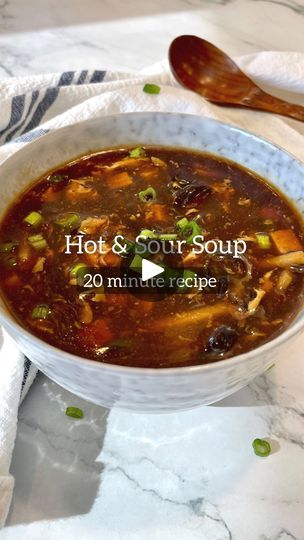 131K views · 5.1K reactions | Easy Satisfying Hot and Sour Soup! 20 minute recipe. 📌 Save this recipe for a cold day !

Comment “recipe” for the full recipe!

Ingredients & Tips below ↓ 

🛒 what you’ll need:

* Chicken Broth
* Tofu
* Shiitake Mushrooms
* Wood Ear Mushrooms

Soup Seasonings:
* Bamboo
* Light Soy Sauce
* Dark Soy Sauce
* Soy Sauce
* Chicken Powder
* White Pepper
* Sesame Oil
* Black Vinegar
* Kosher Salt or salt to taste
* Dried Red Chilis (Optional)

Corn Starch Slurry
* Corn Starch
* Water

Garnish
* Green Onion 

📝 notes : 

* Organic Chicken Broth and Low Sodium broth are less salty. If you use Conventional Chicken broth, you may not need to add as much salt when cooking.
* Turn the heat down to low when adding the eggs. The rapid boil will break the egg ribbons apart Salt And Pepper Wings Recipe, Hot And Sour Chicken Soup Recipe, Mushrooms Soup, Chicken Soup Recipes Easy, Stir Fry Sauce Recipe, Chicken Powder, Bbq Pork Recipes, Black Vinegar, Soy Sauce Chicken