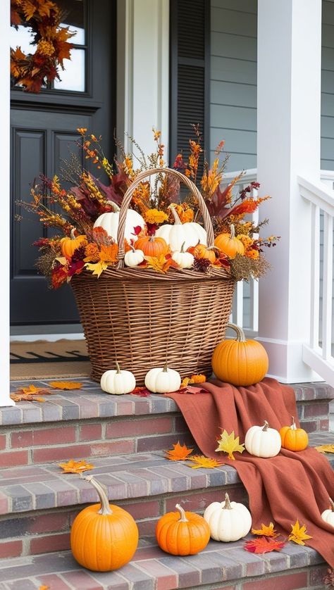 Cozy Fall Decor Ideas: Get ready to snuggle up with these 20 autumn-inspired decorating tips, from rustic porch decorations to warm centerpiece ideas. Create a welcoming atmosphere in your home this season! Check it out and start decorating! #fall #falldecor #fallvibes #aesthetic #fallautumn #autumn #fallaesthetic #orange #houseinspo #white Small Front Porch Fall Decor, Porch Fall Decorating Ideas, Fall Apartment Decor, Outdoor Fall Decor Ideas, Outdoor Fall Decor, Fall Front Porch Decor Ideas, Modern Fall Decor, Fall Living Room Decor, Cozy Fall Decor