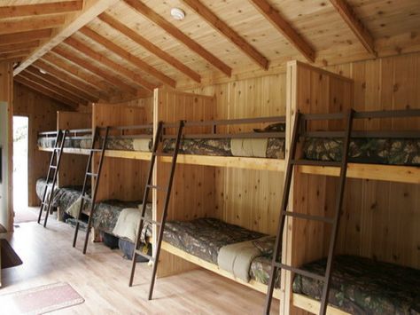 Bunk House ... So cool for friends after barn/ shop parties someday Cabin Addition, Window Walls, Wooden Wall Design, Bunk Beds Built In, Deer Camp, Barn Shop, Bunk Rooms, Bunk Bed Designs, Wheelchair Friendly