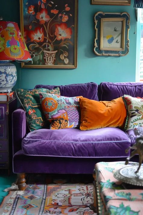 Plum Velvet Sofa, Cozy Velvet Sofa, Living Room With Purple Accents, Purple Couch Living Room Decor, Lilac Interior Design, Soft Lavender Aesthetic, Purple Velvet Couch, Velvet Couch Living Room Ideas, Small Spare Room Ideas