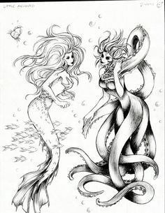 Mermaids Reference, Scrimshaw Tattoo, Octopus Girl, Octopus Tattoo Sleeve, Octopus Mermaid, Mermaid Drawings, Octopus Tattoo, Mermaid Tattoo, Mermaid Tattoos