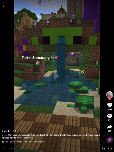 Minecraft Turtle Sanctuary, Minecraft Turtle Enclosure, Minecraft Turtle, Main Aesthetic, Turtle Enclosure, Turtle Sanctuary, Minecraft Town, Town Ideas, Minecraft Cottage