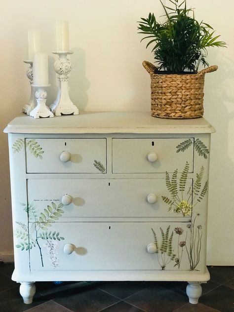 Green And White Furniture, Leaf Painted Furniture, Botanical Furniture, Leaves Painted On Furniture, Vines Painted On Furniture, Floral Painted Dresser Ideas, Furniture Flower Painting, Painted Dresser With Steciled Drawers, Wallpaper On Furniture