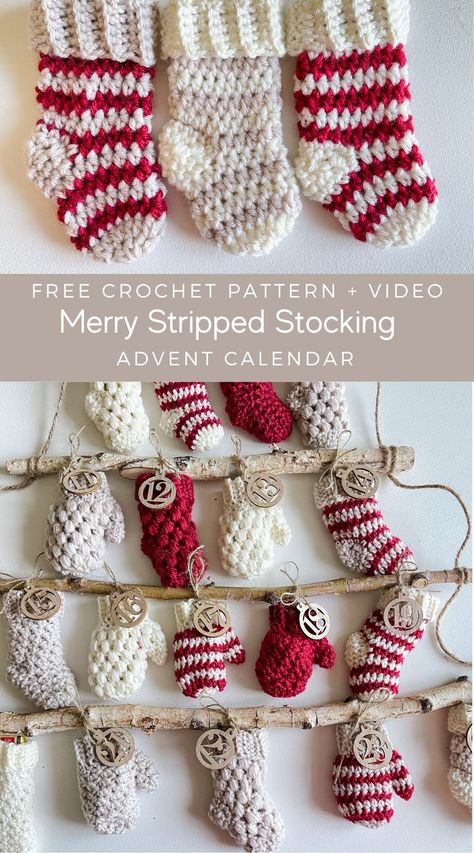 Mini Stocking Sewing Pattern, Crochet Projects For Christmas, Crochet Stocking Pattern Free, Crochet Advent Calendar, Stocking Crochet Pattern, Stocking Pattern Free, Stocking Crochet, Crochet Christmas Stocking Pattern, Mini Christmas Stockings