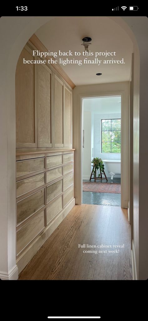 Cabinets With Slide In Doors, Hallway With Built In Cabinets, Linen Closet Turned Built In, Diy Builtin Cabinet, Beaded Cabinet Doors, Dresser Into Cabinet, Wall Of Drawers, Diy Built In Vanity, Custom Linen Closet