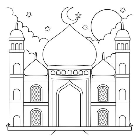 Ramadan mosque coloring page for kids | Premium Vector #Freepik #vector #mosque-outline #mosque-illustration #mosque-background #ramadan-mosque Eid Colouring Pages, Ramadan Colouring Pages, Islamic Colouring Pages For Kids, Mosque Coloring Pages, Mosque Printable, Mosque Outline, Baby Mehendi, Mosque Drawing, Mosque Background