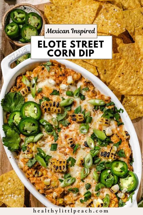 This creamy and delicious Elote Dip features all the flavors of Mexican Street Corn in dip form! Made with a blend of mayo, cream cheese, lime juice, elote seasoning, and fire-roasted corn and topped with cilantro, cotija cheese, diced jalapenos, and green onions. The perfect dip just in time for summer! Corn Dip Without Mayo, Elote Corn Dip Recipe, Corn Cream Cheese Dip, Elote Seasoning, Elote Dip Recipe, Mexican Street Corn Elote, Elote Dip, Jalapeno Dip Recipes, Corn Elote