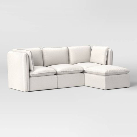 Refresh your living room decor with this 4-Piece Haven French Seam Modular Sectional from Threshold™. This upholstered modular sectional set brings a clean-lined, modern look to your interiors. It includes one armless sectional, two corner sectionals and a matching ottoman to create a cozy seating space whether you're entertaining friends, reading a book or watching TV. Threshold™: Looks like home, feels like you. Canvas Upholstery, Armless Sectional, Sitting Space, Small Sectional, Apartment Needs, White Sectional, College House, Plywood Frame, Shared Room