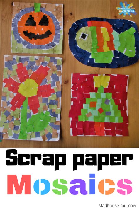 A simple scrap paper mosaic craft for kids. Every design is beautiful and unique! Mosaic Art For Kids Easy, Paper Mosaic Art Ideas Easy, Mosaic Projects For Kids, Mosaic Crafts For Kids, Kids Art Ideas, Paper Mosaics, Mosaics For Kids, Craft For Children, Easy Mosaic