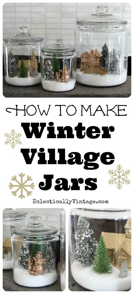 How to make winter snow globe jars (my family loved making these) eclecticallyvintage.com Snow Globe Jars, Winter Snow Globe, Xmas Deco, Winter Village, Christmas Snow Globes, Christmas Villages, Bottle Brush Trees, Bottle Brush, Noel Christmas