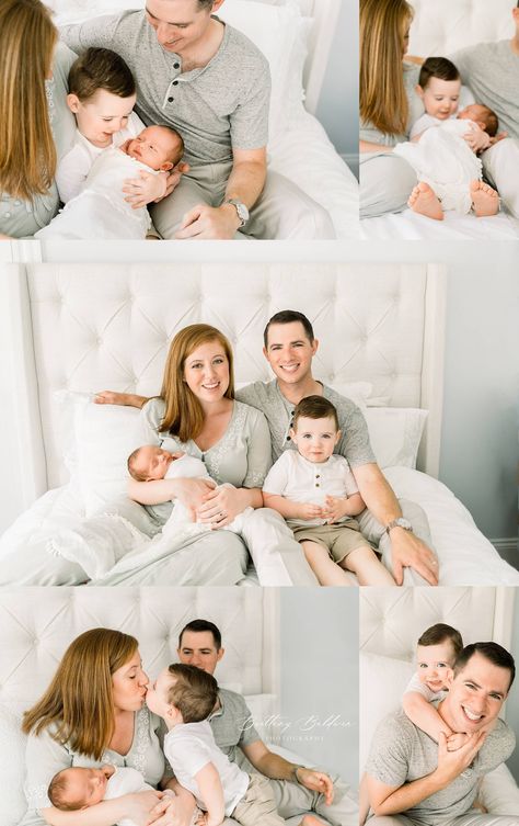 Newborn baby, Mom, Dad, and toddler brother sibling snuggling and kissing on bed in home. White neutral and light sage green wardrobe. Boston, MA | Brittany Baldwin Photography Family Bed Pictures, Baby And Sibling Photography, Newborn Pictures At Home With Sibling, Newborn Shoot With Parents And Sibling, Studio Newborn Family Photos With Sibling, Toddler And Baby Photoshoot, Family Photos With Newborn And Siblings, Newborn Family Photos On Bed, Toddler And Newborn Pictures