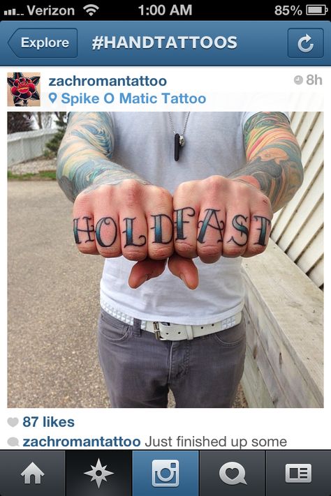 Hold fast knuckle tattoos, top of the list for knuckle tattoos Hold Fast Tattoo, Knuckle Tattoo, Hope Tattoo, Knuckle Tattoos, Hold Fast, Hand Tattoos For Guys, American Traditional Tattoo, Ink Stain, American Traditional