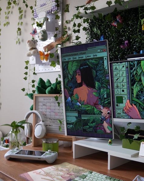 ʕ•́ᴥ•̀ʔっ Addicted 🌱✨ Finally feel like im done decorating my setup 💚 - - cozy gaming setup | white pc | desk setup | game room | setup inspiration | pc setup | cozy desk | cozy gamer | cozy room | setup gamer | girl gamer | desk aesthetic | - - Tags #whitedesksetupideas #whitedesksetup #monitorstand #gameroomsetup #whitepc #deskaccessories #cozydesksetup #desksetup #fakeleaves #wfhdesksetup Gamer Desk Aesthetic, Setup Gamer Girl, Pc Desk Setup, Game Room Setup, Cozy Gaming Setup, White Desk Setup, Setup Inspiration, Cozy Gamer, Gamer Bedroom