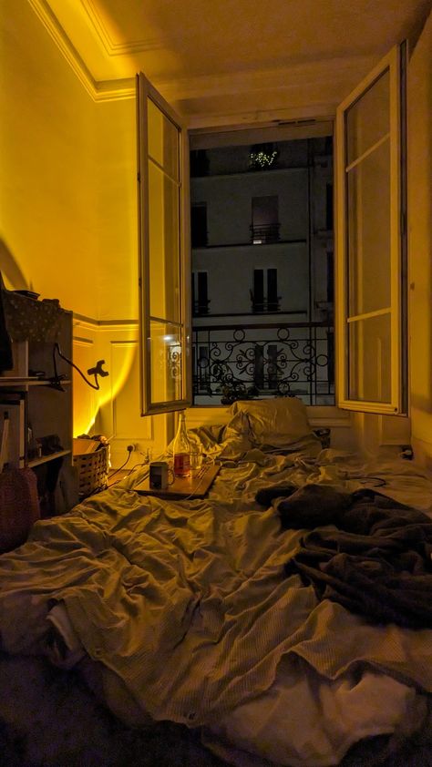 Night in Paris, aesthetic, bedroom, bed , yellow light, sunset light Appartment Aesthetics Night, Paris Apartment Aesthetic Night, Chill Aesthetic Vibes Night Bedroom, Dark Room Aesthetic Bedroom Night, Jazz Bedroom Aesthetic, London Flat Aesthetic, Paris Bedroom Aesthetic, Low Light Bedroom, Dark Room Aesthetic Bedroom