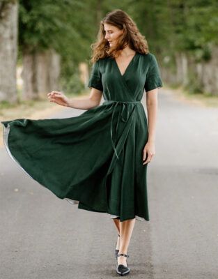 Wrap Dress Wedding, Wrap Dress Wedding Guest, Green Linen Dress, Linen Wrap Dress, Wrap Dress Short, Twirl Skirt, Vestidos Vintage, Mode Vintage, Linen Dresses