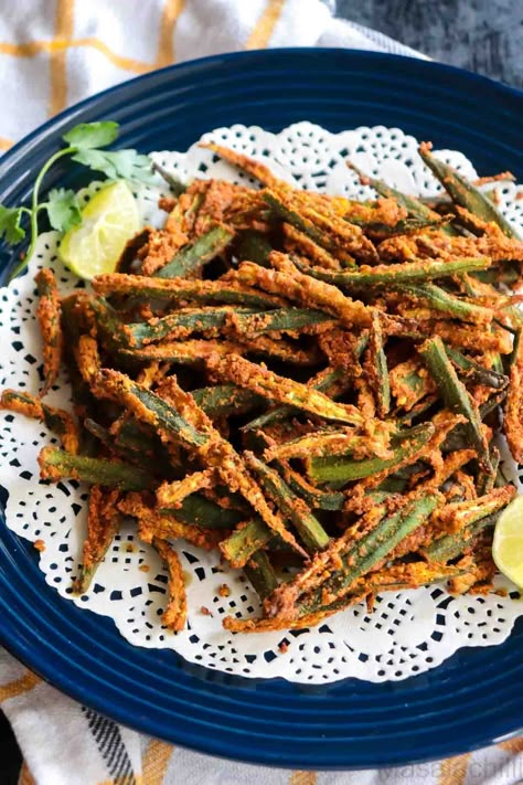 Crispy Air Fryer Okra or Kurkuri Bhindi is an easy Indian vegetarian okra recipe that serves as appetizer, entrée or side with main course. Crispy Okra, Okra Recipes Air Fryer, Okra Air Fryer, Okra Fries Air Fryer, Breaded Okra In Air Fryer, Indian Okra, Crispy Okra Air Fryer, Air Fryer Fried Okra Fresh, Air Fryer Okra Fresh