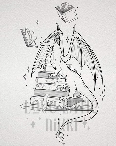 Dragon Book Tattoo For Women, Fantasy Book Tattoo Ideas, Book Dragon Tattoo, Fairy Tale Tattoo, Dragon Thigh Tattoo, Embroidered Skirts, Book Tattoos, Lantern Tattoo, Bookish Tattoos