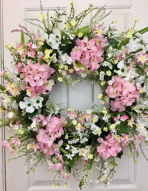 Pink Hydrangea Wreath www.etsy.com/shop/wrufflewreathsbylana All Season Wreaths For Front Door Summer, Mothers Day Wreath Ideas, Pink Flower Wreath, Bridal Shower Wreaths, Hydrangea Door Wreath, Pink Hydrangea Wreath, Easter Porch Decor, Silk Flower Wreaths, Baby Shower Wreath